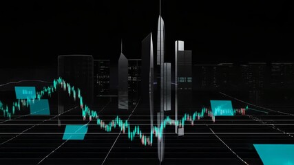 Poster - Captivating Financial Data Visualization at Night, Vibrant Graphs, City Skyline, Economic Trends, Dynamic Digital Art, Financial Markets Aesthetic