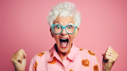 Elderly astonished surprised amazed shocked caucasian woman 50s wearing glasses, pink jacket shirt fists up open mouth isolated on plain pink color background studio portrait People lifestyle concept