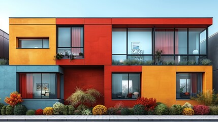 Sticker - Contemporary architecture showcasing a vibrant, colorful facade with sleek, clean lines, combining modern design with a visually striking and uncomplicated style. high resolution Illustration, in the