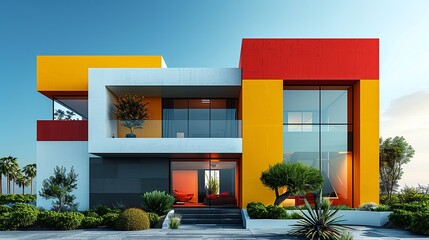 Canvas Print - Beautifully designed contemporary building featuring bright, colorful exterior with minimalist, sleek lines, blending modern aesthetics with practical simplicity. high resolution Illustration, in the