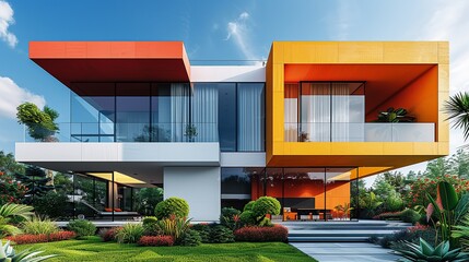 Sticker - Contemporary building exterior with vibrant colors and streamlined design, combining modern architectural elements with an eye-catching and visually striking appearance. high resolution Illustration,