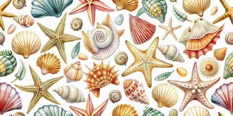 Wall Mural - Watercolor Seashells and Starfish Seamless Pattern, watercolor, seamless pattern, sea life, beach decor, shell