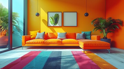 Wall Mural - Modern vibrant interior design with clean lines and minimalist architecture creating a visually appealing space with colorful accents and contemporary style. high resolution Illustration in the style