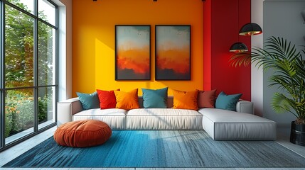 Wall Mural - Modern vibrant interior design with clean lines and minimalist architecture creating a visually appealing space with colorful accents and contemporary style. high resolution Illustration in the style