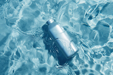 Wall Mural - A transparent cosmetic bottle with water lies on the surface of blue water