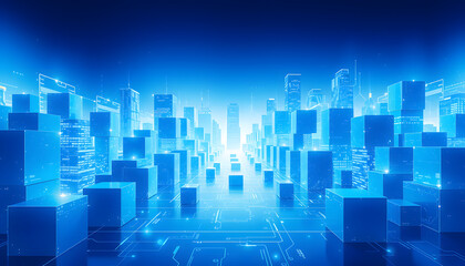 Wall Mural - Blue futuristic technology background with cubes. Hi tech city isolated with white highlights, png