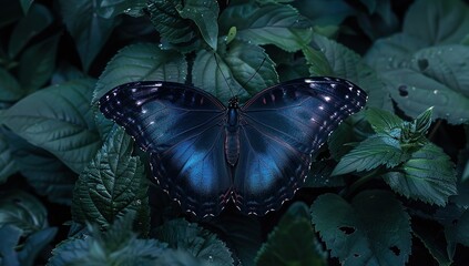 A mesmerizing blue butterfly with black wings and purple highlights