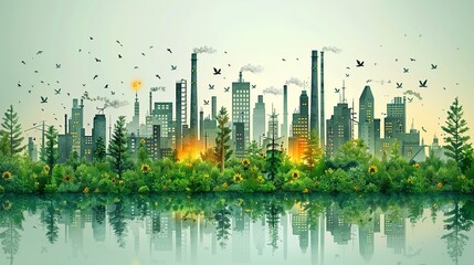 Wall Mural - Depict the transition to low-carbon technologies with a graphic showing industries and cities adopting green practices, reducing greenhouse gases, and fostering sustainability. high resolution