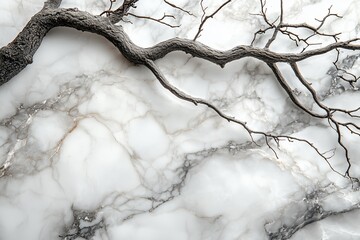 Poster - branch extending over a smooth, white marble surface