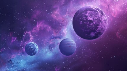 a purple and blue background with three planets