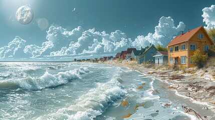 Wall Mural - Visualize the impact of global warming on sea levels and coastal areas with a before-and-after image showing flooding and erosion due to rising temperatures and greenhouse gases. high resolution