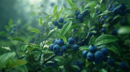 Wall Mural - Wild blueberries growing in a lush green forest