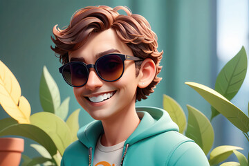 Young Person With Stylish Sunglasses Smiling Amidst Green Indoor Plants at Bright Location