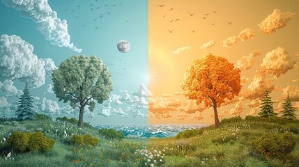 Wall Mural - Show the impact of greenhouse gas reduction on global temperatures with a before-and-after image of the Earth's climate, highlighting the positive effects of emission control measures. high