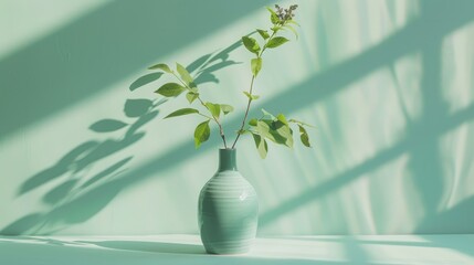 Poster - A blue vase with a plant in it on a green background