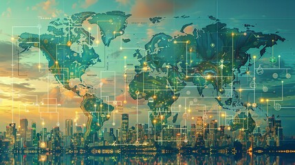 Poster - Highlight sustainable disease treatment by illustrating a world map with innovative healthcare practices and green technologies reducing environmental impact and promoting health. high resolution