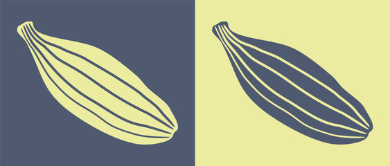 Wall Mural - Cardamom. Two silhouettes of cardamom fruits isolated on black and pistachio backgrounds. Vector illustration of spice pods, for logo, icon, tattoo,  cardamom product packaging design.