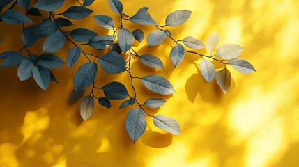 Wall Mural - Branches with green leaves casting shadows on a bright yellow wall in natural daylight