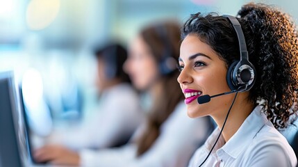 A female customer service representative working at a call center.