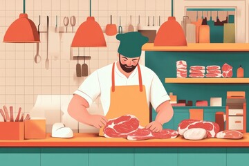 Vibrant Hand-drawn Vector of Butcher at Colorful Meat Shop - Culinary Occupation Illustration