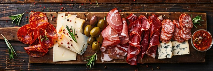 Poster - Variety of cured meats, cheese, and spicy olives arranged on a wooden board, featuring traditional Spanish tapas such as ham, salami, and goat cheese.