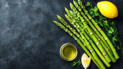 Wall Mural - A fresh bunch of green asparagus spears, arranged neatly on a dark charcoal concrete surface, with a small dish of olive oil and lemon wedges