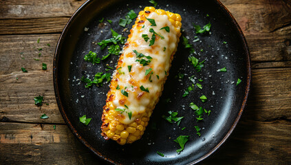 Roasted corn on the cob, coated in garlic butter and herbs