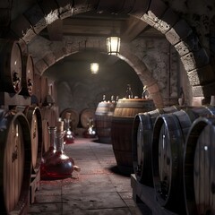 Artisanal Winemaking Process in a Rustic French Chateau Cellar with Aging Oak Barrels and Fermenting Grape Must