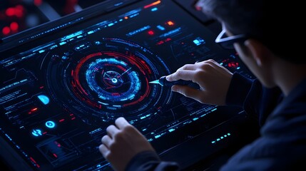 Wall Mural - Person working on a futuristic interface with a glowing digital display.