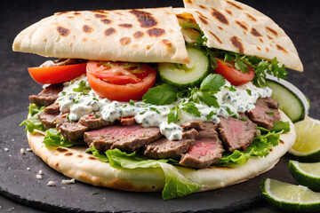 Delicious Grilled Beef Sandwich With Fresh Vegetables and Creamy Sauce on a Warm Pita