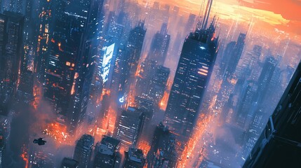 Poster - Aerial view of a futuristic cityscape at sunset with glowing skyscrapers and flying vehicles