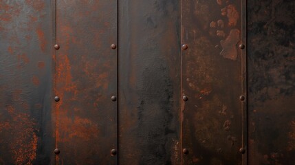 Poster - A collection of rusty metallic wall panels displays a blend of orange and dark hues with visible rivets, creating an aged and industrial aesthetic