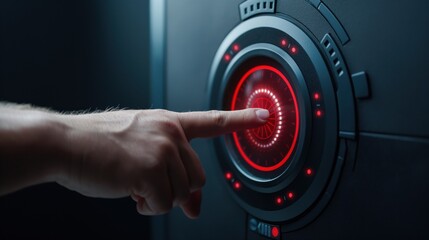 Poster - A hand presses a glowing red button on a sleek control panel, surrounded by dark surfaces, suggesting a high-tech and futuristic setting