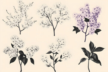 Illustration of blossoming trees. Vintage botanical illustration. Spring set