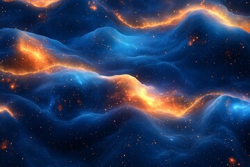 Wall Mural - vibrant cosmic waves illuminated by fiery orange highlights in a deep blue sky