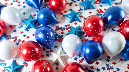 Red, white, and blue balloons with star confetti symbolize American pride, celebration, and unity. The festive decor represents patriotism and joy.