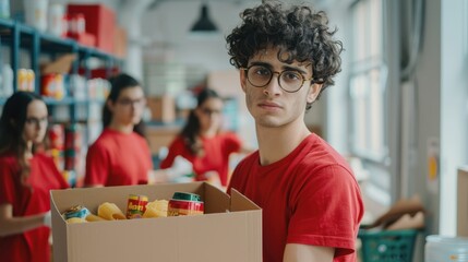 Wall Mural - The young volunteer with box