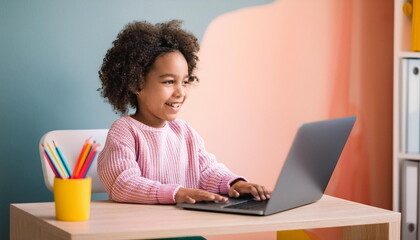 Afro Kid girl using internet on laptop, technology and education