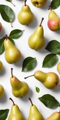 Canvas Print - Pear fruits with green leaves on white background. Top view