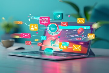 Poster - Email communication on laptop screen, displaying inbox for sending and receiving e mails