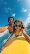© BoOm - Happy father and daughter enjoying a fun surfing adventure in the ocean on a sunny day, radiating joy and excitement.