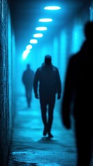 Mysterious figures silhouette walking in a dimly lit hallway with blue lighting, creating an eerie atmosphere.