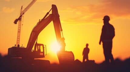 Silhouetted construction workers and excavator at sunset, showcasing teamwork and industry against a vibrant orange sky.