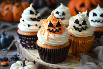 Wall Mural - Halloween cupcakes with spooky faces, decorated with frosting and black sprinkles