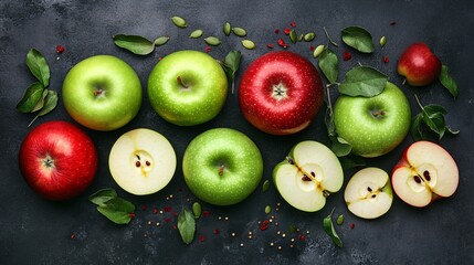 A mix of juicy red and green apples, some whole and others sliced, arranged on a dark charcoal concrete surface, with a few apple slices and seeds scattered around