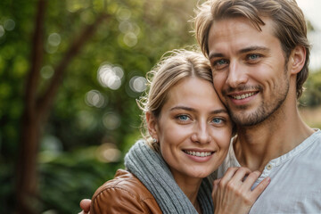 A young couple is hugging each other in a park. The woman is wearing a gray scarf and the man is wearing a white shirt. They both have big smiles on their faces, indicating that they are happy