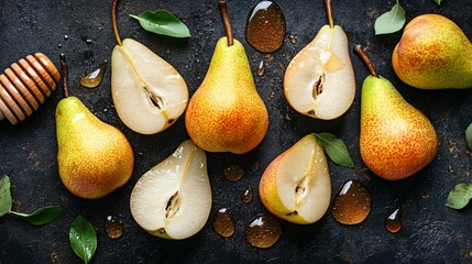 Poster - A rustic arrangement of fresh pears, some whole and others sliced open to reveal their juicy interior, placed on a dark charcoal concrete surface with a light drizzle of honey