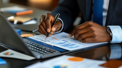 Poster - Professional Businessman Analyzing Financial Invoice On Laptop in Office, Conducting Financial Review, Business Analytics, and Management
