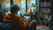 © Bartek - Man Relaxing in Cozy Home Watching Scenic Footage on Digital Tablet Surrounded by Indoor Plants and Bookshelves in Warm Living Room Setting