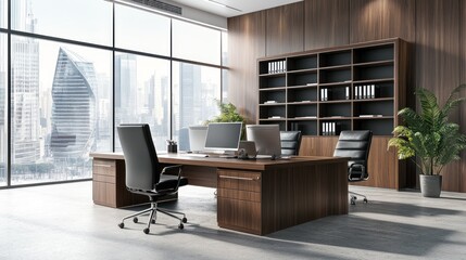 Poster - Modern Office Interior with City View and Wooden Desk
